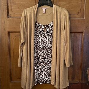 White Stag Tan Cardigan with Leopard Print Blouse